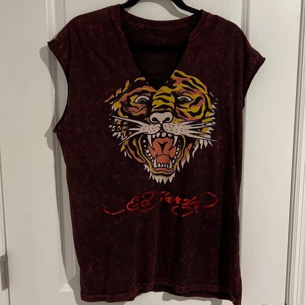 Ed Hardy Eh Tiger Graphic Print Sleeveless Split V-Neck Tank Top Red Men's Large